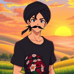 A young man with dark, styled hair and a prominent mustache, dressed in a black t-shirt and a traditional black turban, exuding a bold and confident look