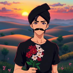 A young man with dark, styled hair and a prominent mustache, dressed in a black t-shirt and a traditional black turban, exuding a bold and confident look
