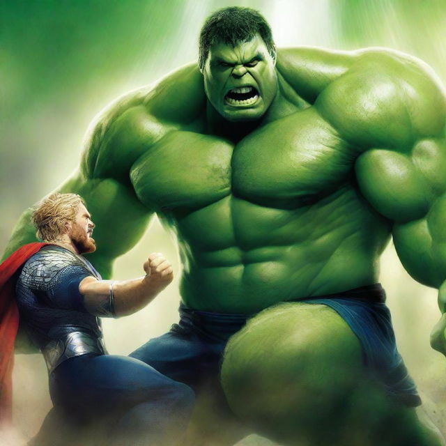 This is a high-quality digital art image showcasing a dramatic showdown between Hulk and Thor