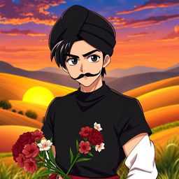 A young man with dark, styled hair and a prominent mustache, dressed in a black t-shirt and a traditional black turban, exuding a bold and confident look