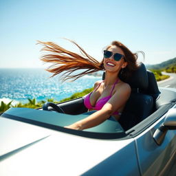 A vibrant and energetic scene of a stunning woman in a stylish bikini driving a convertible car along a scenic coastal road