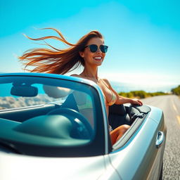A vibrant and energetic scene of a stunning woman in a stylish bikini driving a convertible car along a scenic coastal road
