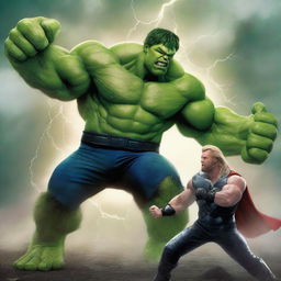 This is a high-quality digital art image showcasing a dramatic showdown between Hulk and Thor