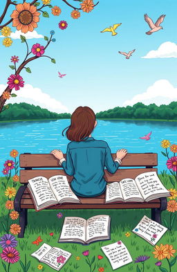 A whimsical and colorful illustration depicting a person sitting on a park bench, surrounded by open books and scattered sheets with doodles about love and forgetting