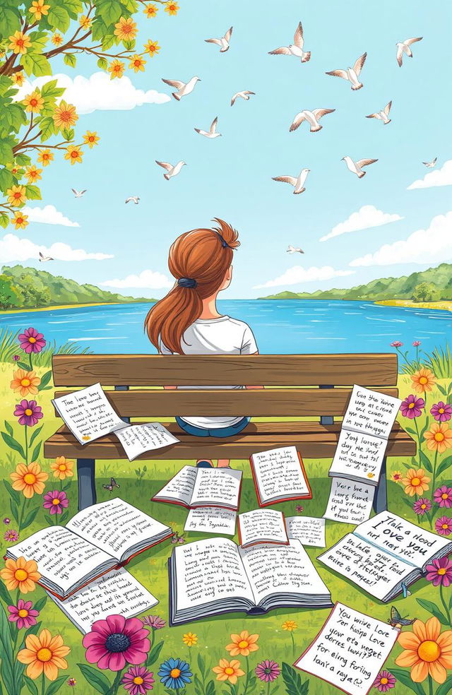 A whimsical and colorful illustration depicting a person sitting on a park bench, surrounded by open books and scattered sheets with doodles about love and forgetting