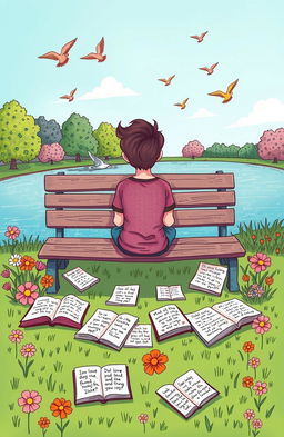 A whimsical and colorful illustration depicting a person sitting on a park bench, surrounded by open books and scattered sheets with doodles about love and forgetting