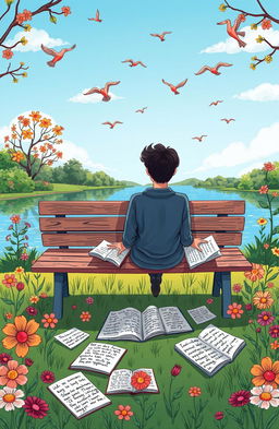 A whimsical and colorful illustration depicting a person sitting on a park bench, surrounded by open books and scattered sheets with doodles about love and forgetting