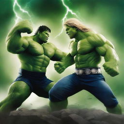 This is a high-quality digital art image showcasing a dramatic showdown between Hulk and Thor