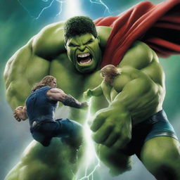 This is a high-quality digital art image showcasing a dramatic showdown between Hulk and Thor