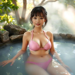 A beautiful Japanese girl in a pink bikini, relaxing in a serene hot spring surrounded by lush greenery and steam rising from the water