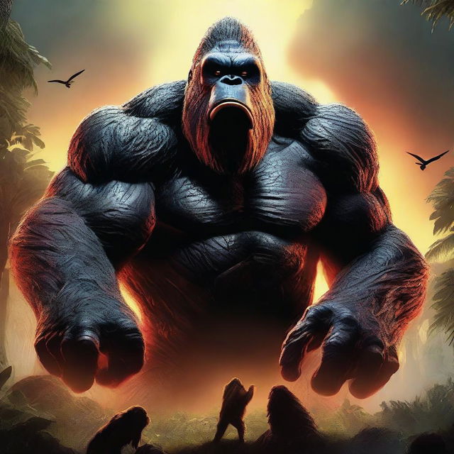 A high-quality digital art image depicts an intense face-off between Skar, the king of the monsters, and Kong, the king of Skull Island