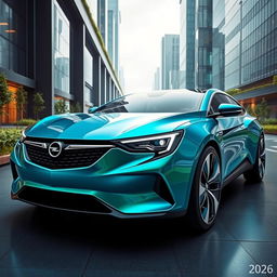 A futuristic depiction of an Opel Monza set in the year 2026, showcasing its sleek and modern styling