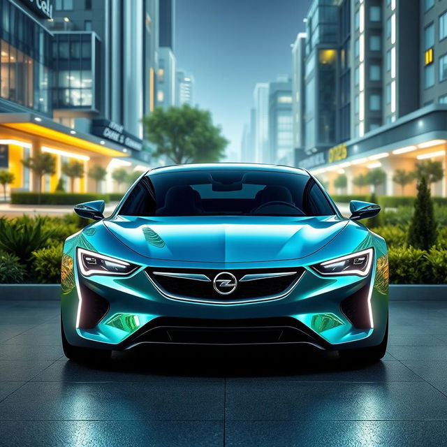 A futuristic depiction of an Opel Monza set in the year 2026, showcasing its sleek and modern styling