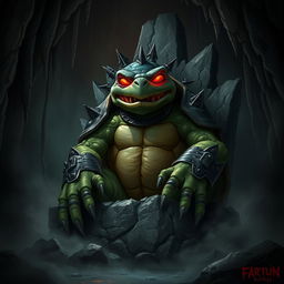 An evil turtle with glowing red eyes, wearing a spiked collar and sharp armor, sitting on a rocky throne in a dark, ominous cave