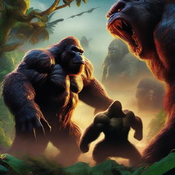 A high-quality digital art image depicts an intense face-off between Skar, the king of the monsters, and Kong, the king of Skull Island