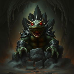 An evil turtle with glowing red eyes, wearing a spiked collar and sharp armor, sitting on a rocky throne in a dark, ominous cave