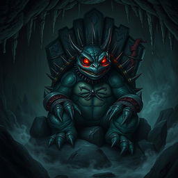 An evil turtle with glowing red eyes, wearing a spiked collar and sharp armor, sitting on a rocky throne in a dark, ominous cave