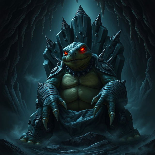 An evil turtle with glowing red eyes, wearing a spiked collar and sharp armor, sitting on a rocky throne in a dark, ominous cave