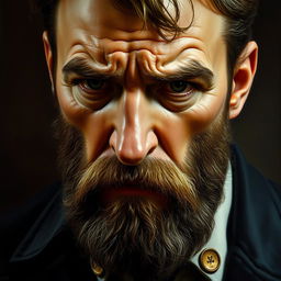 A close-up oil painting of a distressed man with a full beard, displaying deep emotional turmoil and thoughtful contemplation