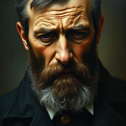 A close-up oil painting of a distressed man with a full beard, displaying deep emotional turmoil and thoughtful contemplation