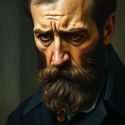 A close-up oil painting of a distressed man with a full beard, displaying deep emotional turmoil and thoughtful contemplation