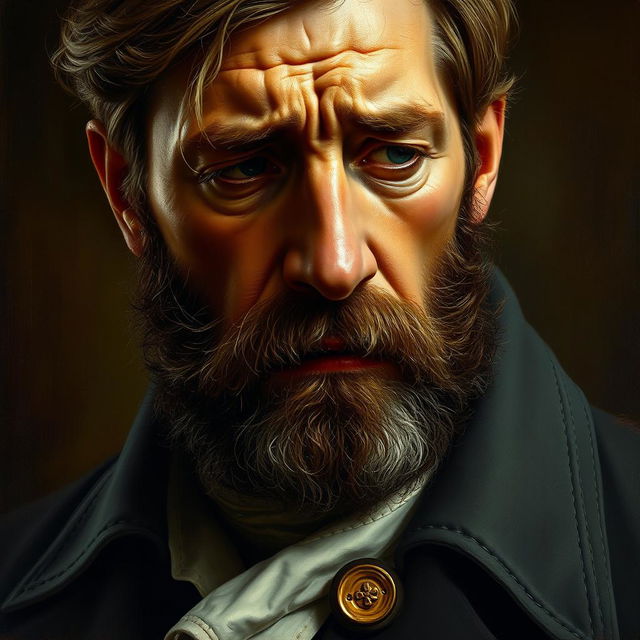 A close-up oil painting of a distressed man with a full beard, displaying deep emotional turmoil and thoughtful contemplation