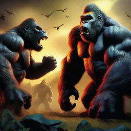 A high-quality digital art image depicts an intense face-off between Skar, the king of the monsters, and Kong, the king of Skull Island