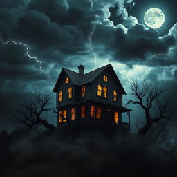 A haunted, sinister-looking house perched on a hill under a stormy night sky