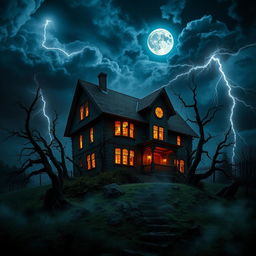 A haunted, sinister-looking house perched on a hill under a stormy night sky