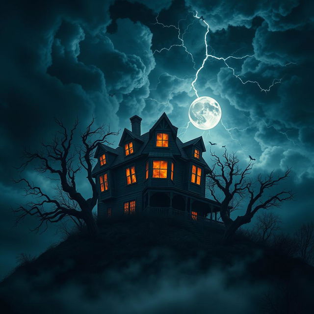A haunted, sinister-looking house perched on a hill under a stormy night sky