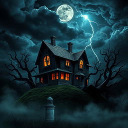A haunted, sinister-looking house perched on a hill under a stormy night sky