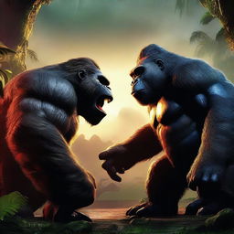 A high-quality digital art image depicts an intense face-off between Skar, the king of the monsters, and Kong, the king of Skull Island