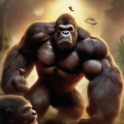 This high-quality digital art image portrays an intense battle between Skar, the ape king, and Kong, the ruler of Skull Island