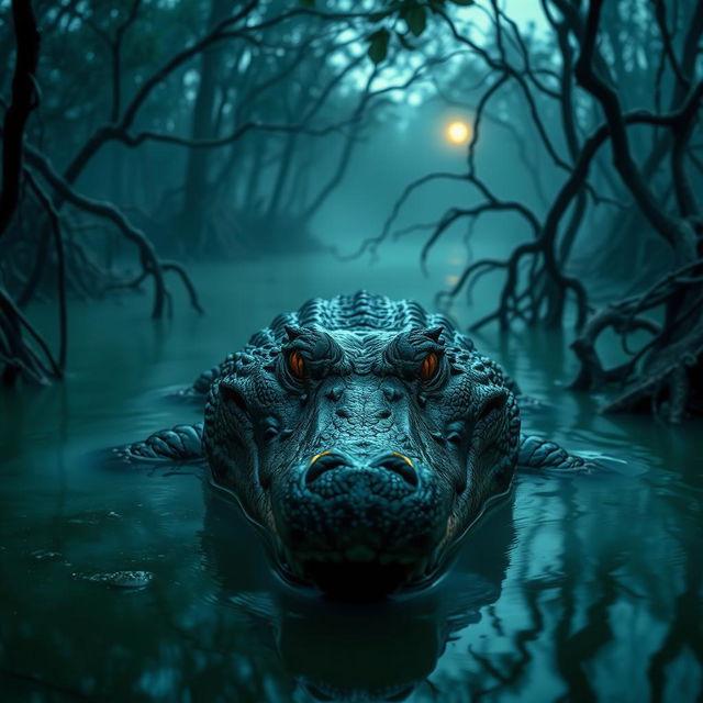 A menacing, evil-looking alligator lurking in a murky swamp