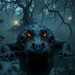 A menacing, evil-looking alligator lurking in a murky swamp