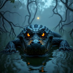 A menacing, evil-looking alligator lurking in a murky swamp