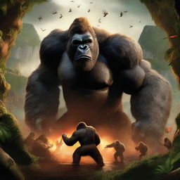 This high-quality digital art image portrays an intense battle between Skar, the ape king, and Kong, the ruler of Skull Island