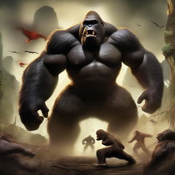 This high-quality digital art image portrays an intense battle between Skar, the ape king, and Kong, the ruler of Skull Island