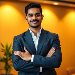 A young Indian man, approximately 35 years old, with a slim body and fair skin, clean-shaven and wrinkle-free, wearing a stylish dark grey suit and a crisp white shirt