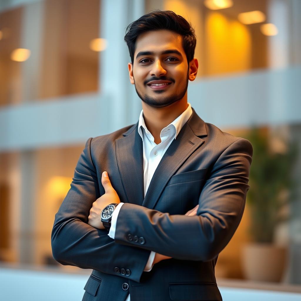 A young Indian man, approximately 35 years old, with a slim body and fair skin, clean-shaven and wrinkle-free, wearing a stylish dark grey suit and a crisp white shirt