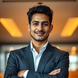 A young Indian man, approximately 35 years old, with a slim body and fair skin, clean-shaven and wrinkle-free, wearing a stylish dark grey suit and a crisp white shirt