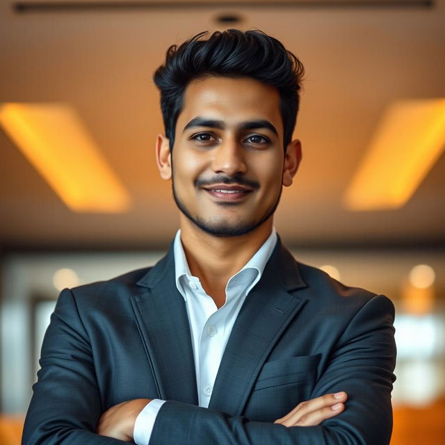 A young Indian man, approximately 35 years old, with a slim body and fair skin, clean-shaven and wrinkle-free, wearing a stylish dark grey suit and a crisp white shirt