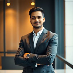 A young Indian man, approximately 35 years old, with a slim body and fair skin, clean-shaven and wrinkle-free, wearing a stylish dark grey suit and a crisp white shirt