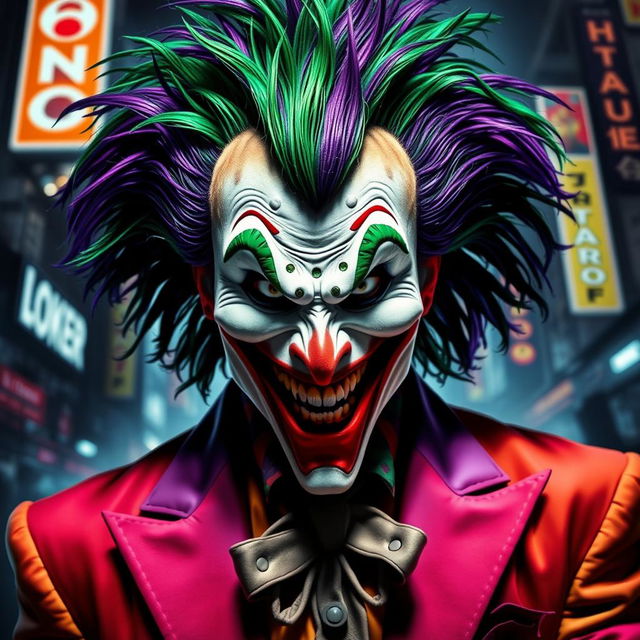 A menacing, evil-looking joker wearing a brightly colored, theatrical costume, complete with a twisted grin