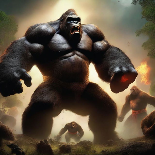 This high-quality digital art image portrays an intense battle between Skar, the ape king, and Kong, the ruler of Skull Island