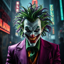 A menacing, evil-looking joker wearing a brightly colored, theatrical costume, complete with a twisted grin