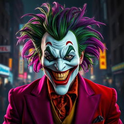A menacing, evil-looking joker wearing a brightly colored, theatrical costume, complete with a twisted grin
