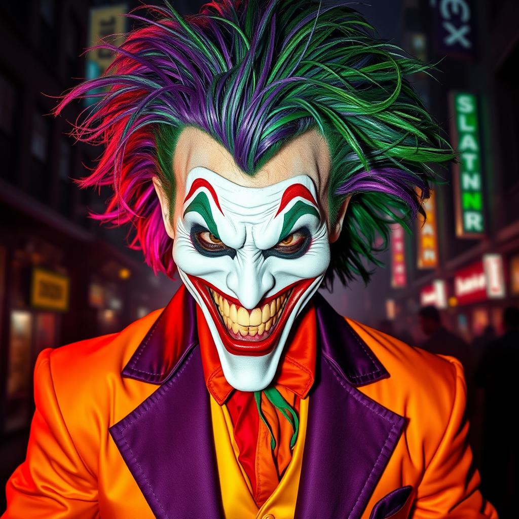 A menacing, evil-looking joker wearing a brightly colored, theatrical costume, complete with a twisted grin