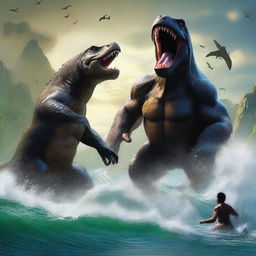 This high-quality digital art image vividly portrays a thrilling clash between the Mosasaur, a monstrous marine reptile, and King Kong, the ruler of Skull Island