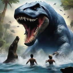 This high-quality digital art image vividly portrays a thrilling clash between the Mosasaur, a monstrous marine reptile, and King Kong, the ruler of Skull Island